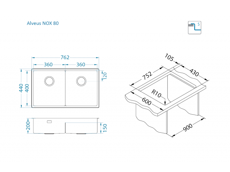 Мойка для кухни Alveus NOX 80 BRS с интегрированным сифоном 76,2х44х20 см ФОТО