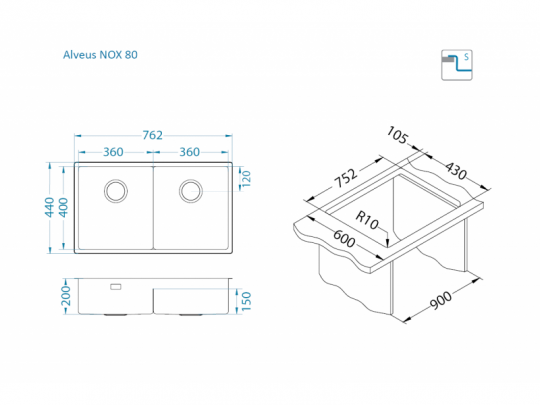 Мойка для кухни Alveus NOX 80 BRS с интегрированным сифоном 76,2х44х20 см схема 5