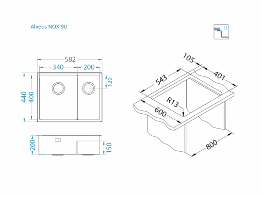 Мойка для кухни Alveus NOX 90R BRS правая в комплекте с интегрированным сифоном 58,2х44х20 см схема 3