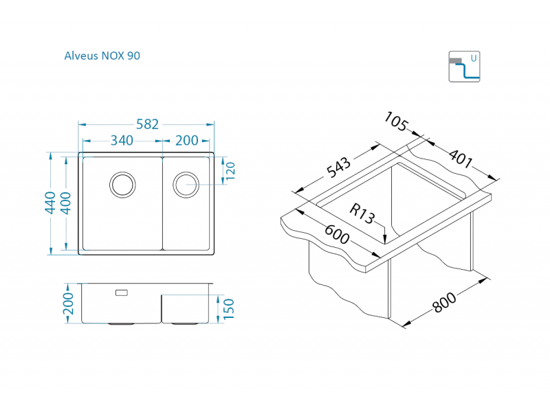 Мойка для кухни Alveus NOX 90L BRS левая в комплекте с интегрированным сифоном 58,2х44х20 см ФОТО