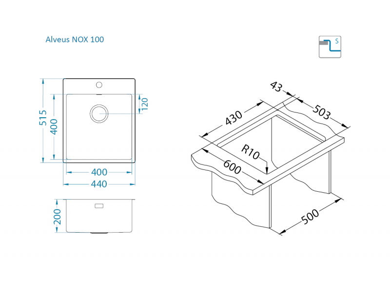Мойка для кухни Alveus NOX 100 BRS в комплекте с интегрированным сифоном 44х51,5х20 см ФОТО