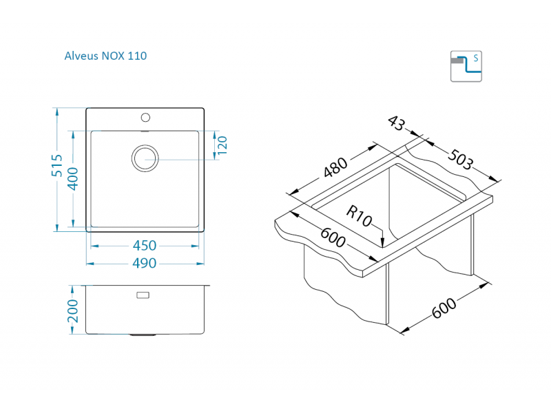 Мойка для кухни Alveus NOX 110 BRS в комплекте с интегрированным сифоном 49х51,5х20 см ФОТО