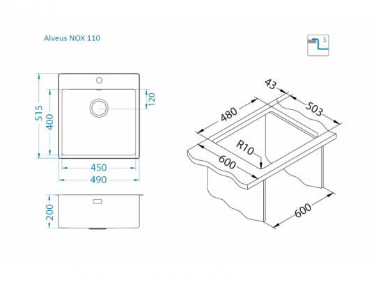 Мойка для кухни Alveus NOX 110 BRS в комплекте с интегрированным сифоном 49х51,5х20 см схема 2