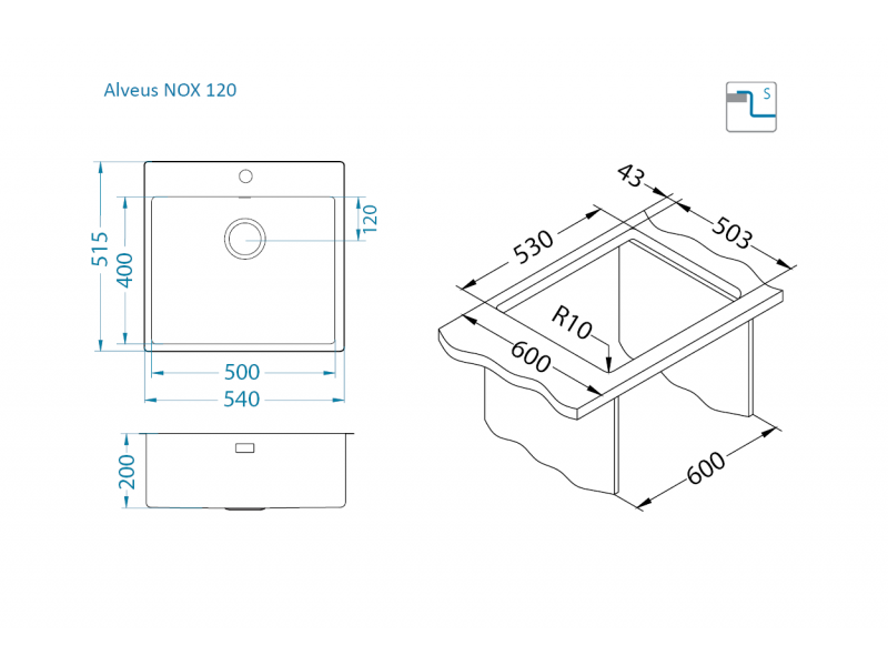Мойка для кухни Alveus NOX 120 BRS в комплекте с интегрированным сифоном 54х51,5х20 см ФОТО