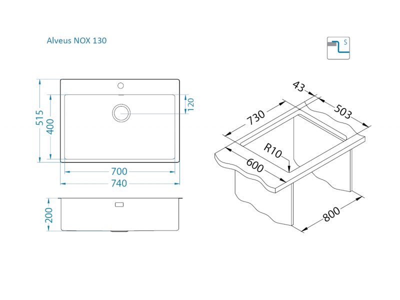 Мойка для кухни Alveus NOX 130 BRS в комплекте с интегрированным сифоном 74х51,5х20 см ФОТО