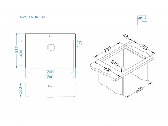 Мойка для кухни Alveus NOX 130 BRS в комплекте с интегрированным сифоном 74х51,5х20 см схема 4