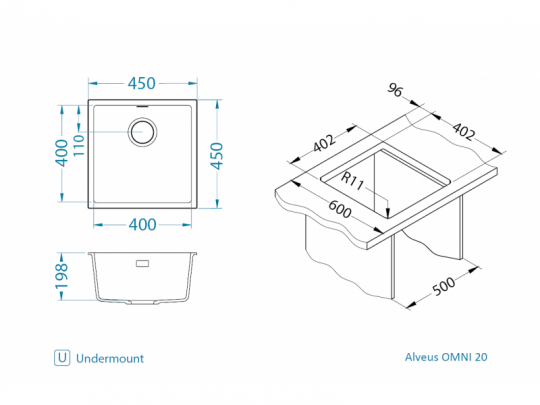 Мойка для кухни Alveus OMNI 20 GRANITAL с сифоном 45х45х19,8 см схема 13