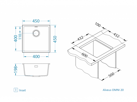 Мойка для кухни Alveus OMNI 20 GRANITAL с сифоном 45х45х19,8 см схема 14