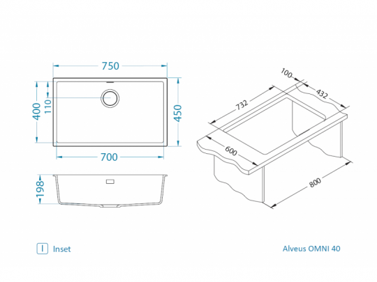 Мойка для кухни Alveus OMNI 40 GRANITAL 75х45х19,8 с сифоном схема 20