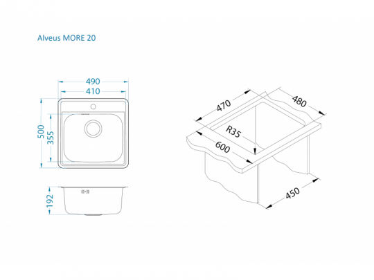 Мойка для кухни Alveus MORE 20 NAT-90 в комплекте с сифоном 49х50 см схема 4
