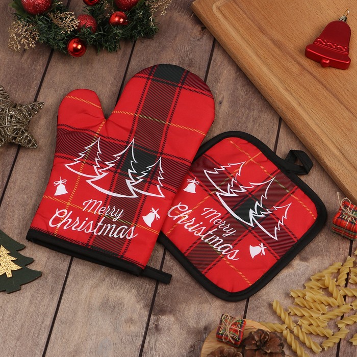 Кухонный набор 2 предмета Доляна Christmas, прихватка 17*17 см, варежка 26*16 см,100% п/э