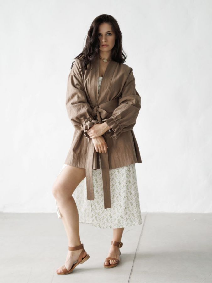 Жакет кимоно из крапивы мокко с регулируемыми рукавами