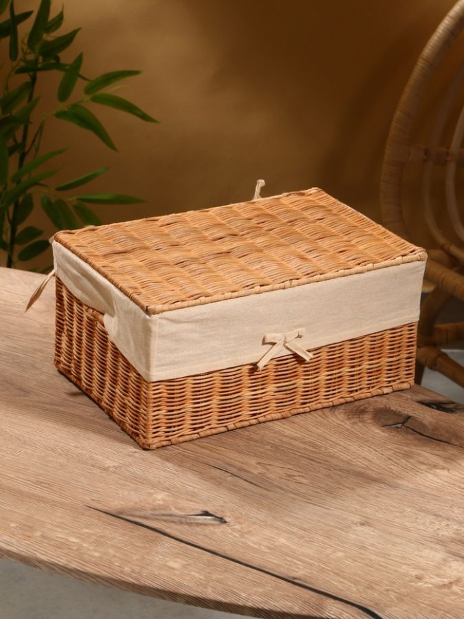 Корзинка прямоугольная с крышкой и тканевым подкладом, 33?22?15 см, ротанг