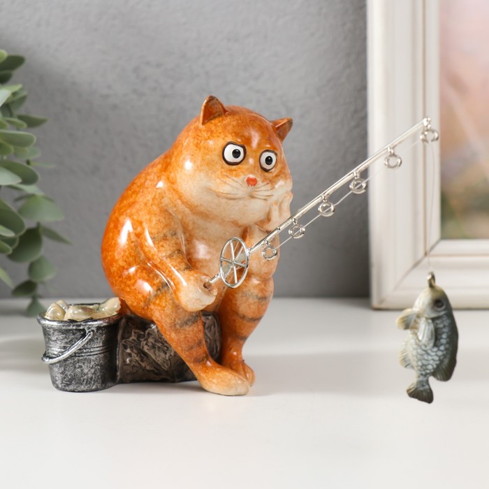 Фигурка полистоун лак «Рыжий кот на рыбалке», 12.5?10?18 см