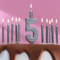 Свечи для торта «С Днём Рождения»: цифра 5 + классические, серебрянные 10 шт., 12.5 см 71