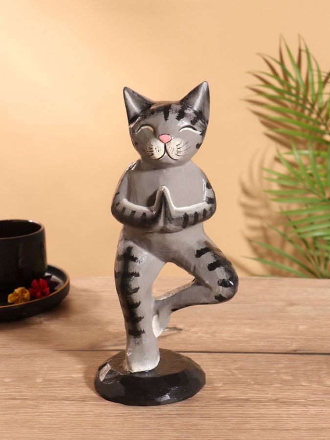 Сувенир интерьерный «Кот-йог», 28 см, дерево
