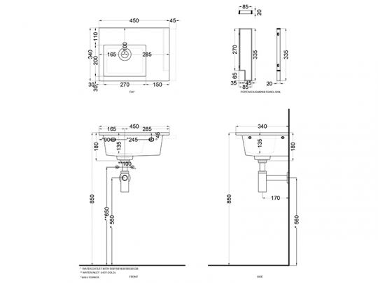 Cielo Era мойка 450х340х140 мм, накладная/подвесная, чаша слева, без отверстия для смесителя, без перелива, в комплекте крепление схема 2