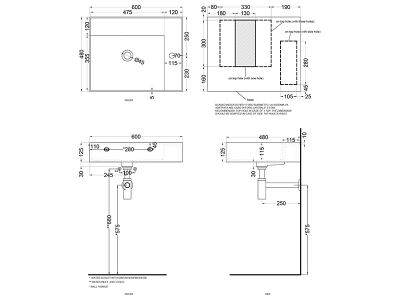 Cielo Enjoy раковина 600х4800х1250 мм, подвесная прямоугольная, без отверстия для смесителя, перелив ФОТО