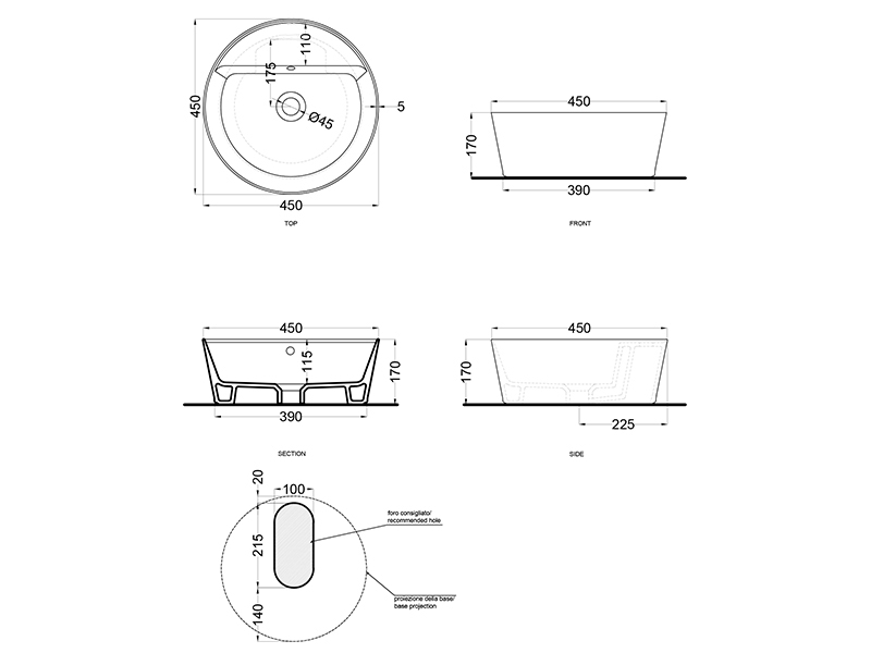 Cielo Le Bacinelle Handy раковина 450 450х168 мм, без отверстия для смесителя, с переливом ФОТО