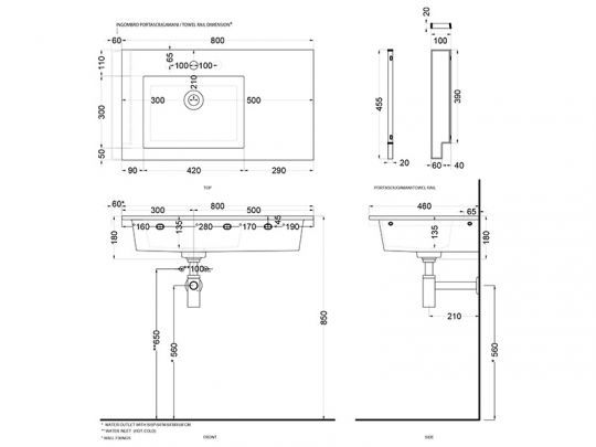 Cielo Era мойка 800х460х140 мм, накладная/подвесная, чаша слева, без отверстия для смесителя, без перелива, в комплекте крепление схема 2
