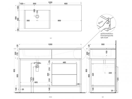 Cielo Milano раковина 1200х500х200 мм, накладная, без отверстий для смесителя, без перелива схема 2