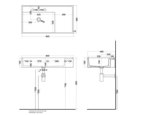 Cielo Plinio раковина 850х460х160 мм, накладная, без отверстий для смесителя, без перелива схема 2