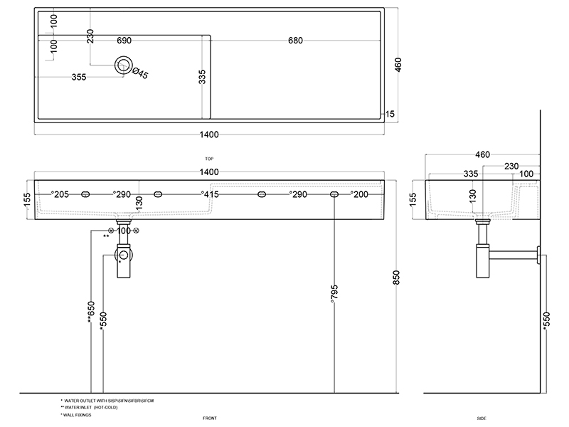 Cielo Plinio раковина 1400х460х160 мм, накладная, без отверстий для смесителя, без перелива ФОТО