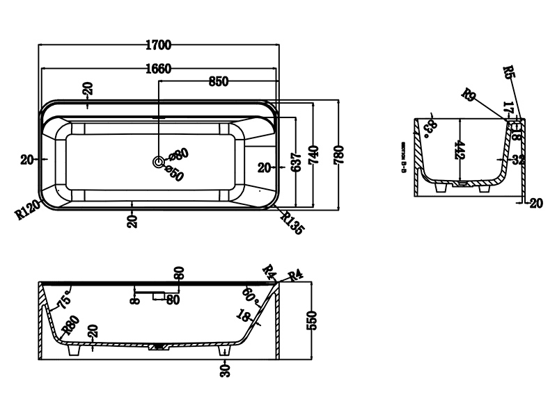 Отдельностоящая ванна UNI-FLOW KUBE FS324-1700 со сливом переливом в комплекте Solid 170x78x55 см ФОТО