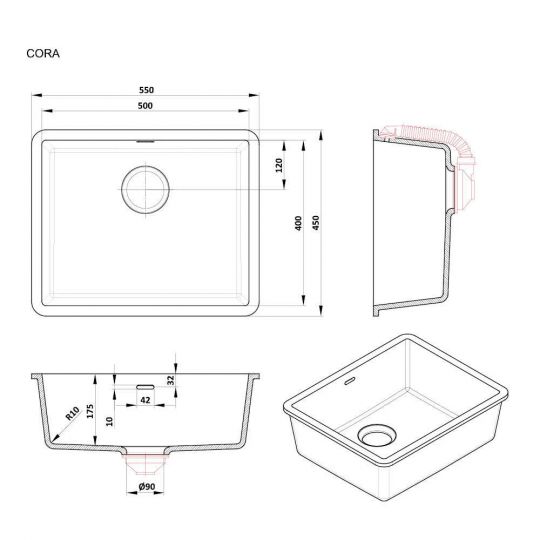 Прямоугольная мойка для кухни Kolpa-San Cora 40x50 см схема 2