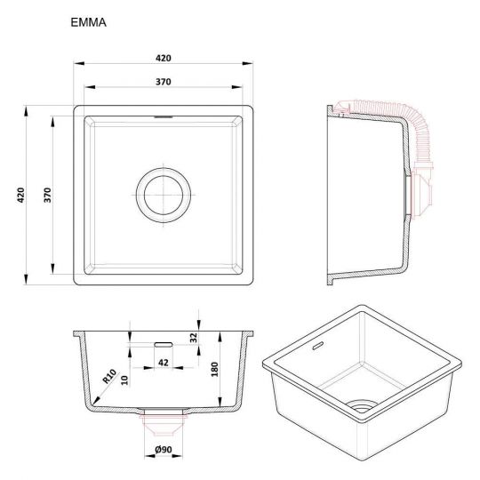 Квадратная мойка для кухни Kolpa-San Emma 37x37 см схема 2 Квадратная мойка для кухни Kolpa-San Emma 37x37 см схема 2