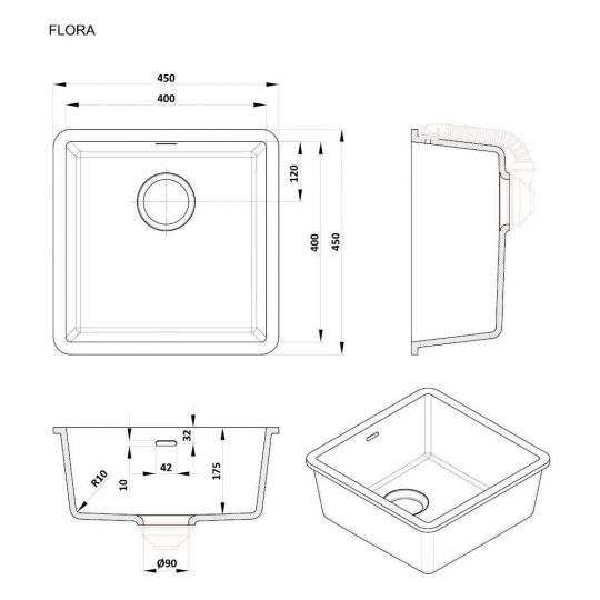 Квадратная мойка для кухни Kolpa-San Flora 40x40 см схема 2