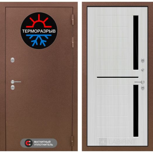 Входная дверь Лабиринт Термомагнит - 02 Сандал белый, стекло черное с терморазрывом