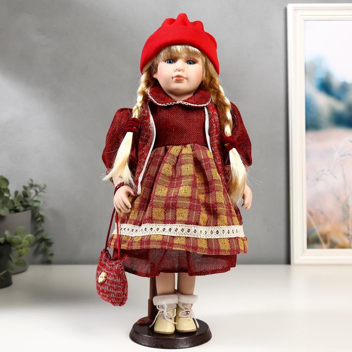 Кукла коллекционная «Марина в бордовом платье в клетку», 40 см