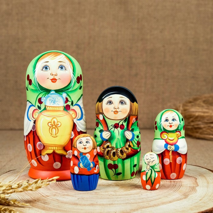 Матрёшка дерево «Мордашка», самовар, 5 кукольная, люкс