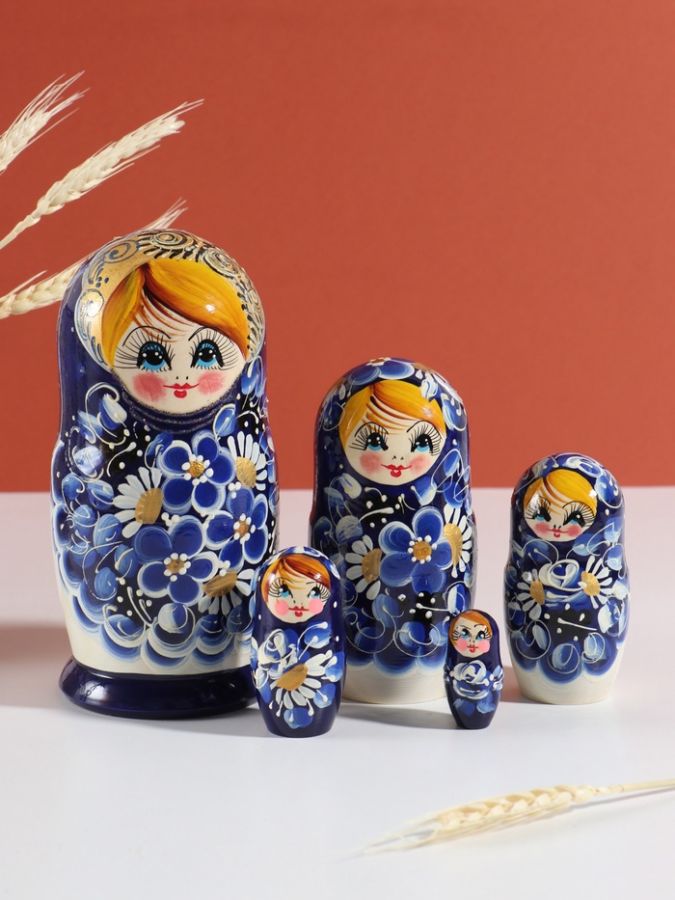 Матрёшка дерево «Марина», гжель, 5-кукольная, 19 см