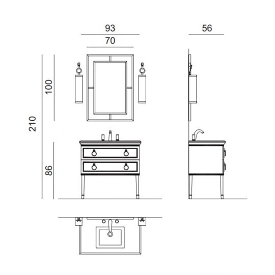 Комплект мебели №30 Oasis Lutetia 93х53х210 см напольная консоль с раковиной и столешницей с зеркалом схема 2