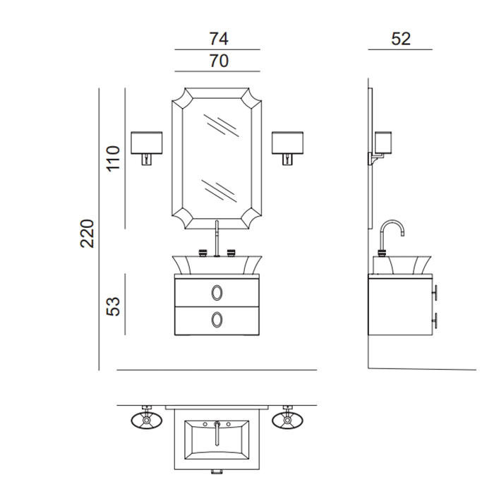 Комплект мебели №36 Oasis Daphne подвесная тумба с раковиной 74х52.5х220 см ФОТО