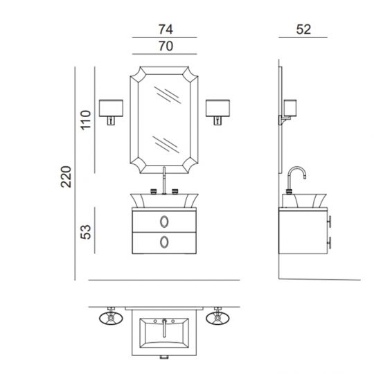 Комплект мебели №36 Oasis Daphne подвесная тумба с раковиной 74х52.5х220 см схема 2