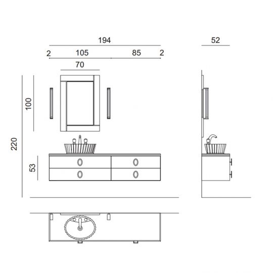 Комплект мебели №30 Oasis Daphne две подвесные тумбы с раковиной и зеркалом 194х52.5х220 см схема 2