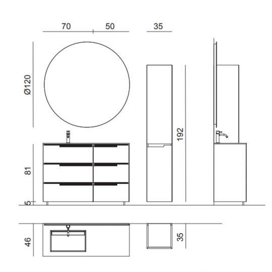 Комплект мебели №18 Oasis Profilo 120х46х220 см напольные тумбы и столешница с раковиной схема 2