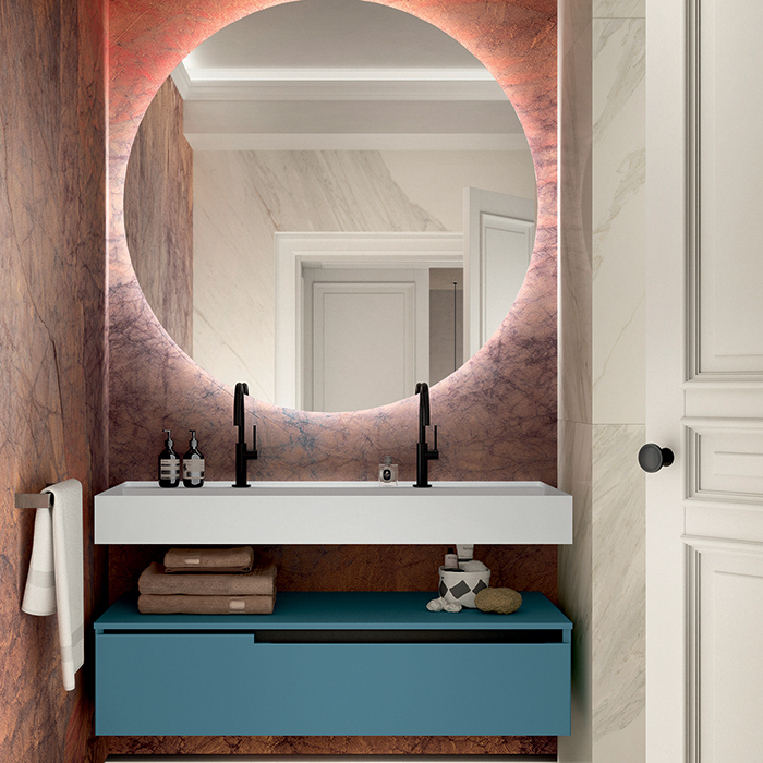 Изображение Комплект мебели №10 Oasis Profilo 120х51.5х220 см подвесная тумба со столешницей и двойная раковина