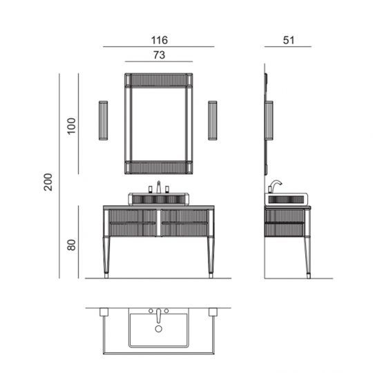 Комплект мебели напольный №5 Oasis Rialto 116x51x200 см консоль с накладной раковиной схема 2