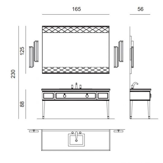 Комплект мебели №19 Oasis Lutetia напольный 165х56х230 см консоль стелешница раковина схема 2