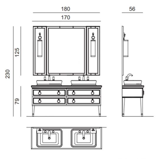 Комплект мебели №14 Oasis Lutetia 180х56х230 см напольная консоль с раковиной и столешницей схема 2