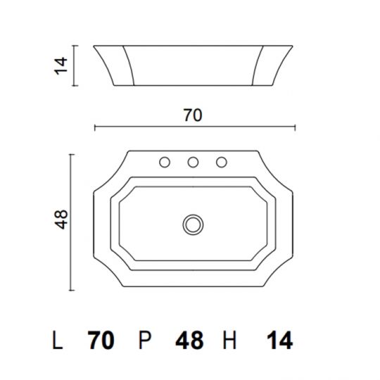 Накладная раковина Oasis OPT99 70х48 см три отверстия схема 2