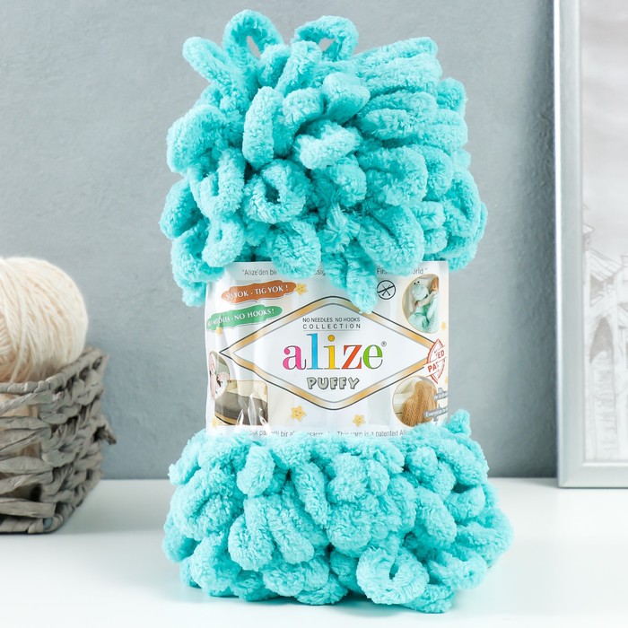 Плюшевая пряжа для вязания руками ALIZE, Puffy, 100 % микрополиэстер, 9 м/100 г, (490 морская волна)