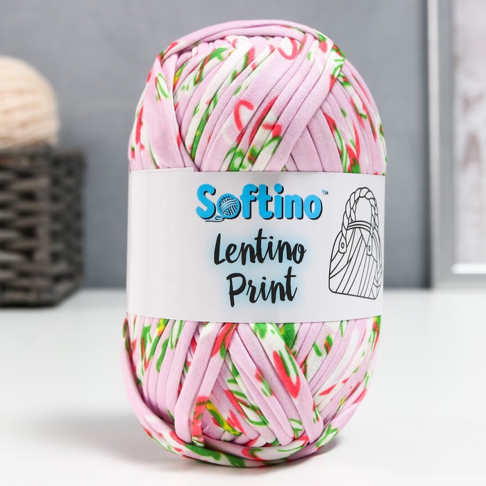 Пряжа трикотажная 95% хлопок, 5% эластан "Lentino Print" 100 гр 30 м цветы на розовом