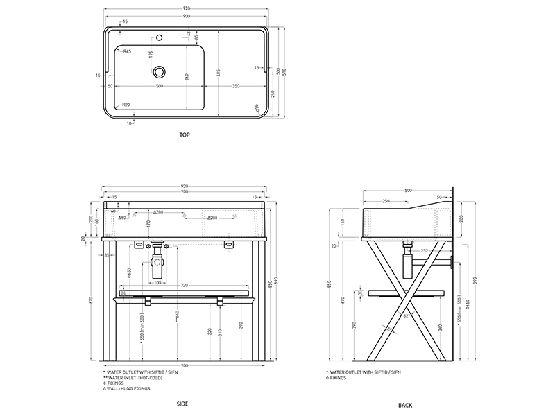Cielo Siwa раковина 900х500х200 мм, чаша слева, без отверстий для смесителя, без перелива ФОТО