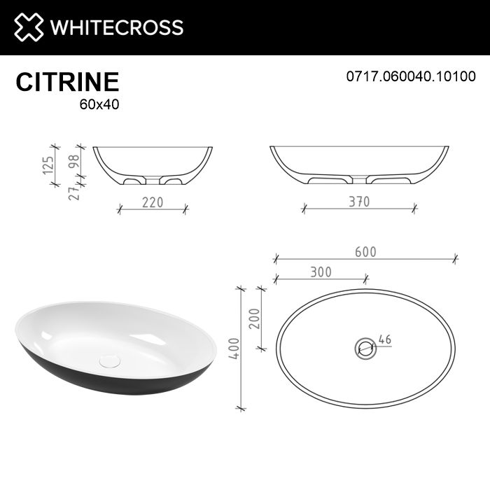 Раковина WHITECROSS Citrine 60x40 (черный/белый глянец) ФОТО