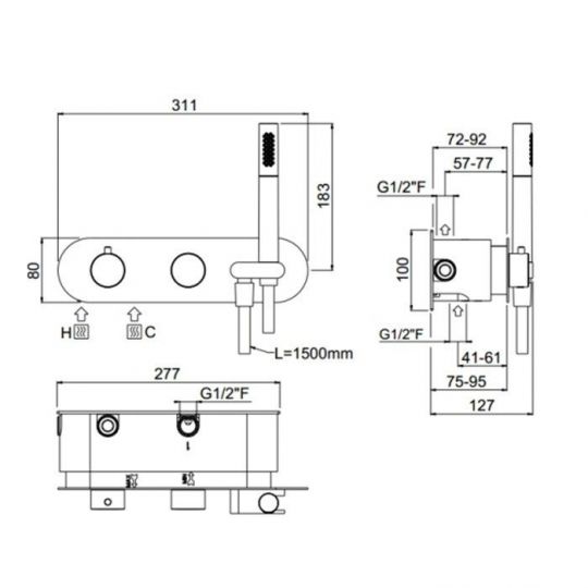 Термостатический смеситель для ванны на 2 выхода - внешняя часть Carimali ilTondo 21828EST/A-CR схема 2 Термостатический смеситель для ванны на 2 выхода - внешняя часть Carimali ilTondo 21828EST/A-CR схема 2